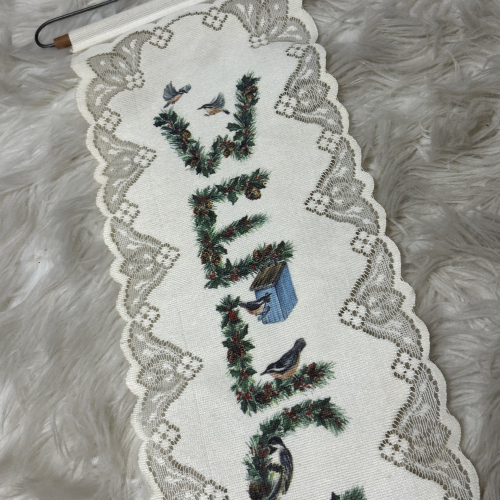 Welcome Red Cardinal Bird Door Hanger Wall Lace Nature Holly Berry Granny 33"x8" - Picture 3 of 5